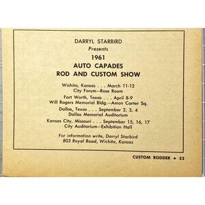 Auto Capades Rod & Custom Show March 11-12 by Darryl Starbird" Vtg Print Ad 1961